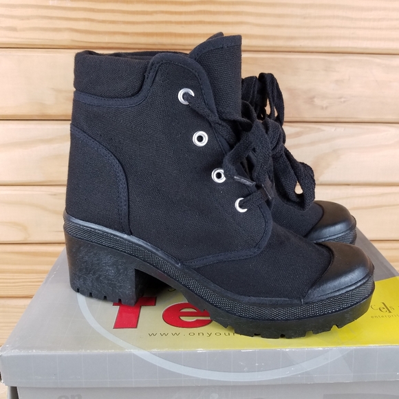 Black Canvas Combat Military Biker Moto Ankle Boots Heeled Lace up 8.5M NEW CL - Picture 5 of 9